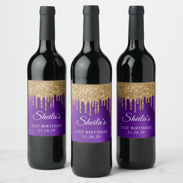 Gold Glitter Drips Indigo Purple 21st Birthday Wine Label (Bottles)