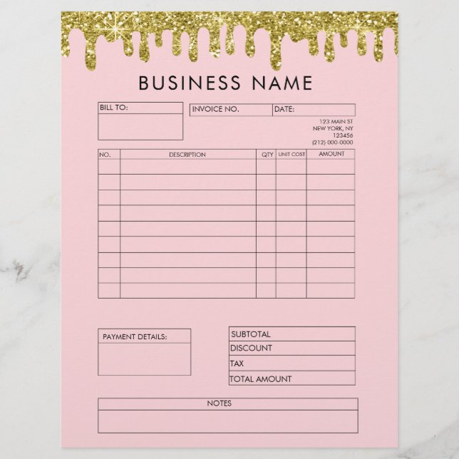 Gold Glitter Drips Invoice Small Business Letterhe Letterhead (Front)