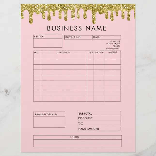 Gold Glitter Drips Invoice Small Business Letterhe Letterhead | Zazzle