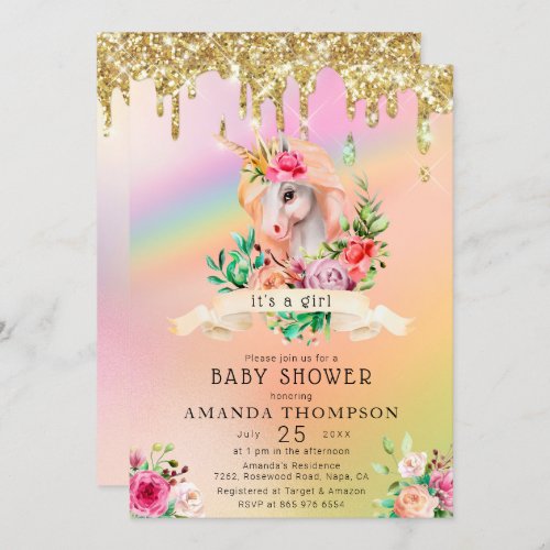 Gold Glitter Drips Its a Girl Unicorn Baby Shower Invitation