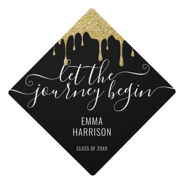 Gold Glitter Drips Let The Journey Begin Name Graduation Cap Topper (Front)