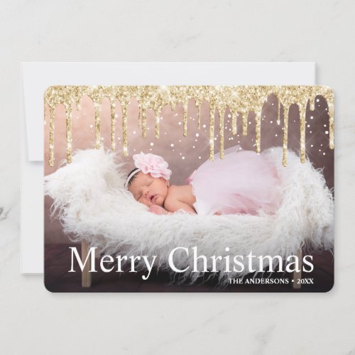 Gold Glitter Drips Merry Christmas Photo  Holiday Card