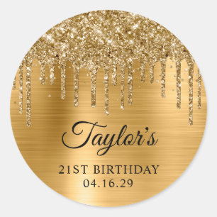 Gold Glitter Drips Metallic 21st Birthday Classic Round Sticker