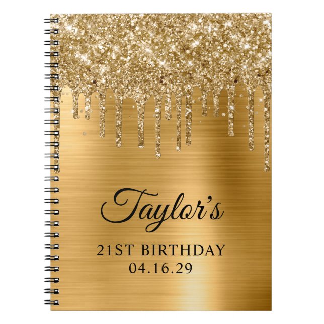 Gold Glitter Drips Metallic 21st Birthday Guest Notebook (Front)