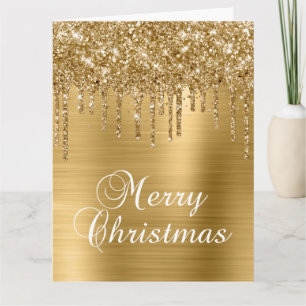 Gold Glitter Drips Metallic Merry Christmas Card
