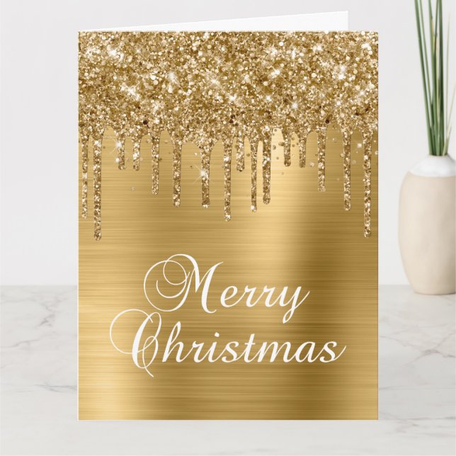 Gold Glitter Drips Metallic Merry Christmas Card (Front)