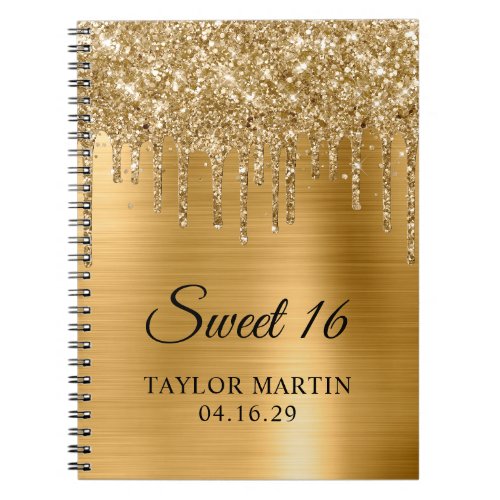 Gold Glitter Drips Metallic Sweet 16 Guest Notebook