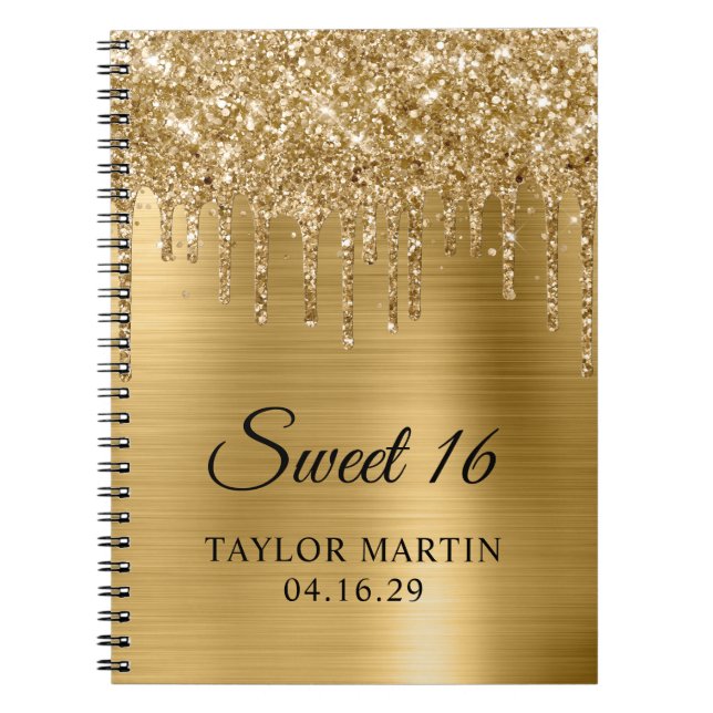 Gold Glitter Drips Metallic Sweet 16 Guest Notebook (Front)