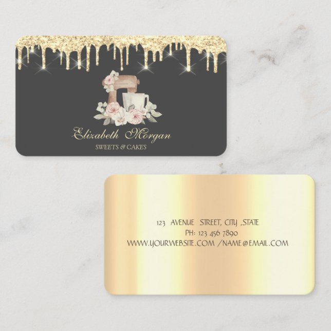  Gold Glitter Drips Mixer Flowers Bakery Business Card (Front/Back)