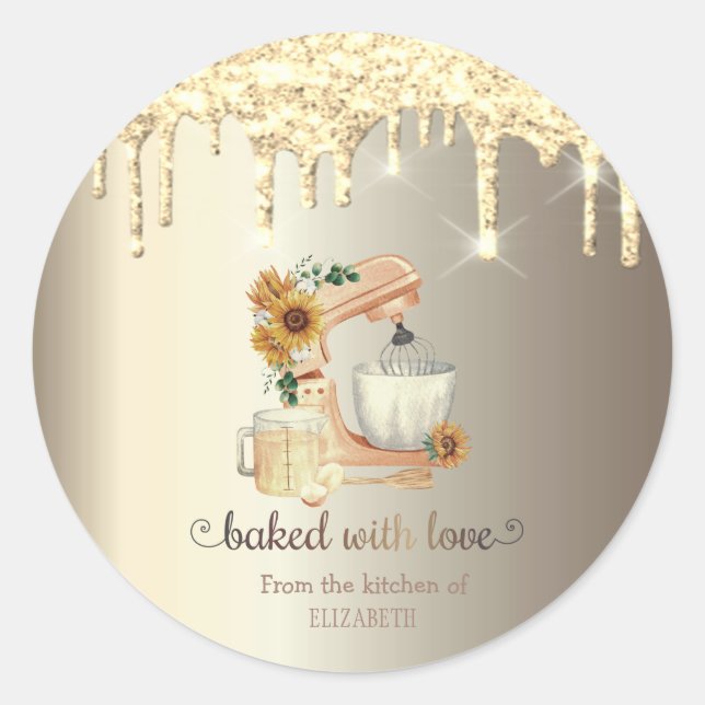 Gold Glitter Drips Mixer Sunflowers Kitchen  Classic Round Sticker (Front)