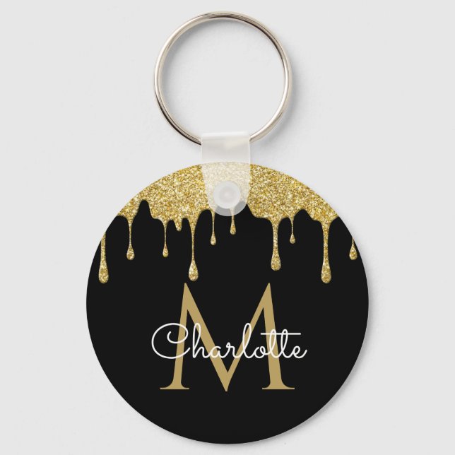 Gold Glitter Drips Monogram Elegant Chic Script Keychain (Front)
