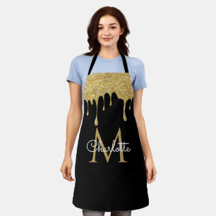 Gold Glitter Drips Monogram Elegant Girly Script Apron