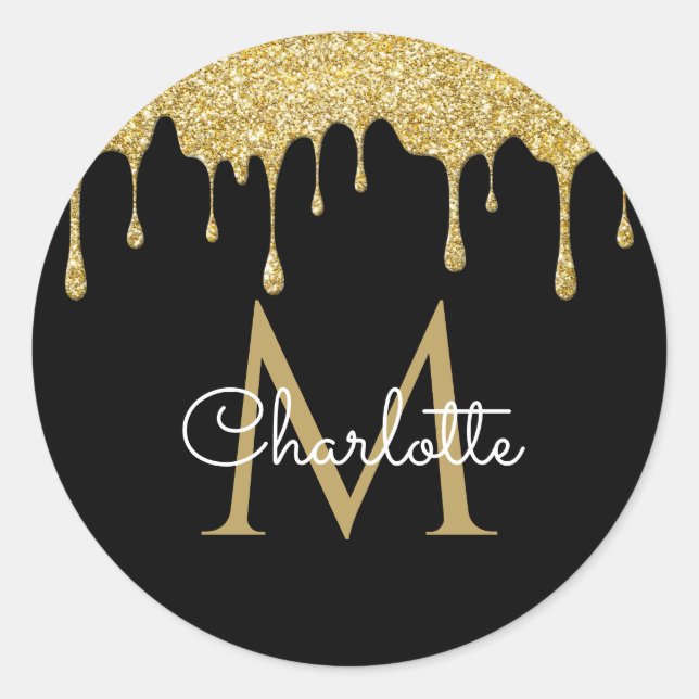 Gold Glitter Drips Monogram Elegant Girly Script Classic Round Sticker (Front)