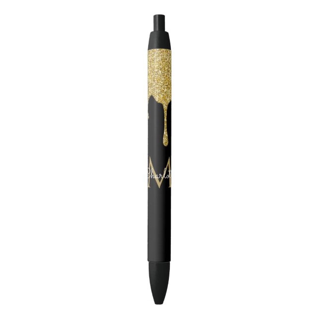 Gold Glitter Drips Monogram Elegant Girly Script Pen (Front Vertical)