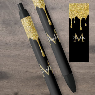 Gold Glitter Drips Monogram Elegant Girly Script Pen