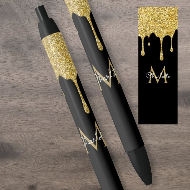 Gold Glitter Drips Monogram Elegant Girly Script Pen (Gold Glitter Drips Monogram Elegant Girly Script Pen)