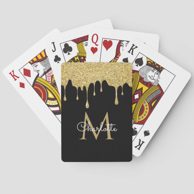 Gold Glitter Drips Monogram Elegant Girly Script Poker Cards (Back)
