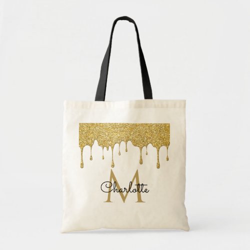 Gold Glitter Drips Monogram Elegant Girly Script Tote Bag