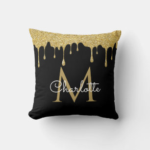 Gold Glitter Drips Monogram Elegant Script Black Throw Pillow