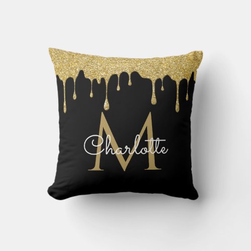 Gold Glitter Drips Monogram Elegant Script Black  Throw Pillow