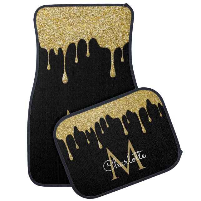 Gold Glitter Drips Monogram Elegant Script Car Floor Mat (Set)