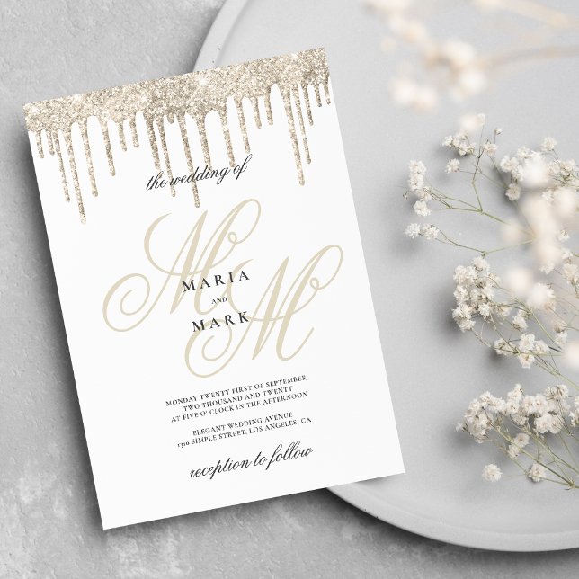 Gold glitter drips monogram initial wedding invitation (Gold glitter drips monogram initial wedding)
