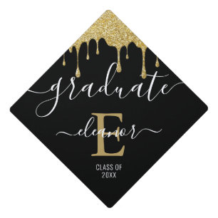 Gold Glitter Drips Monogram Name Date Graduation C Cap Topper