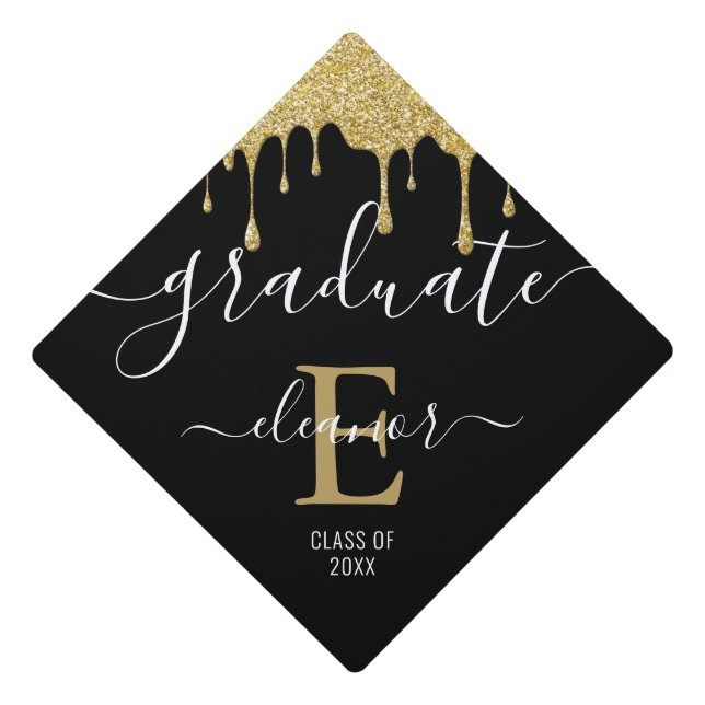 Gold Glitter Drips Monogram Name Date Graduation C Cap Topper (Front)