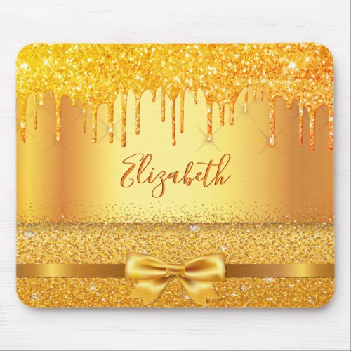 Gold glitter drips monogram name elegant bow mouse pad