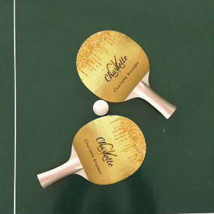 Gold glitter drips monogram name elegant ping pong paddle