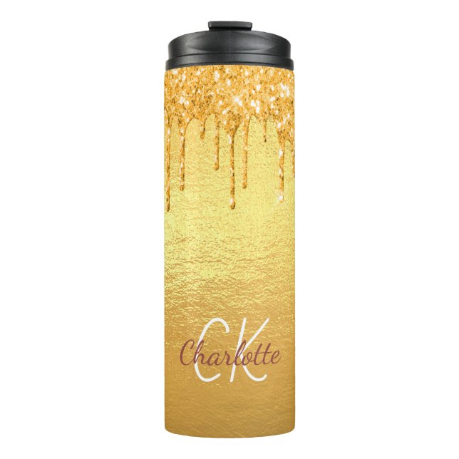 Gold glitter drips monogram name thermal tumbler (Front)