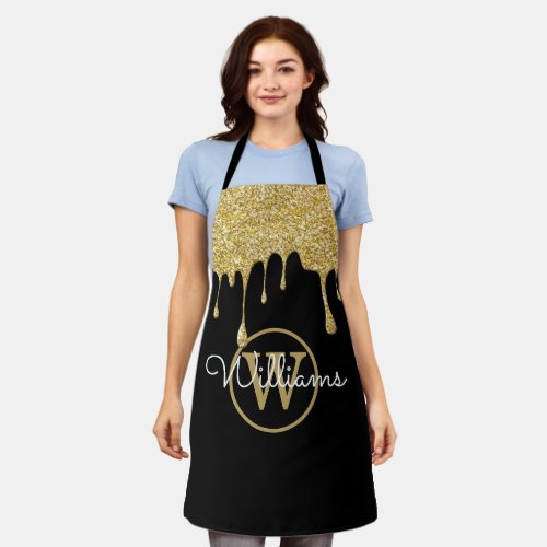 Gold Glitter Drips Monogram Script Black Apron