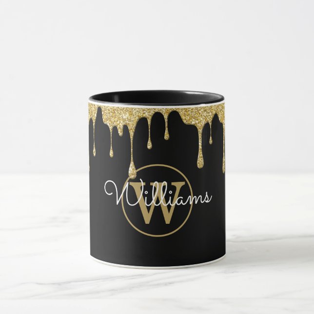 Gold Glitter Drips Monogram Script Black Mug (Center)