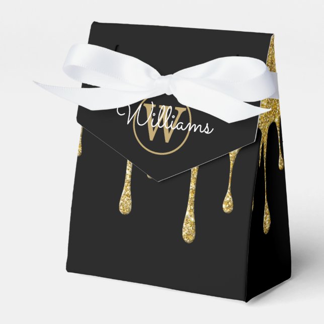 Gold Glitter Drips Monogram Script Name Black Favor Boxes (Front Side)