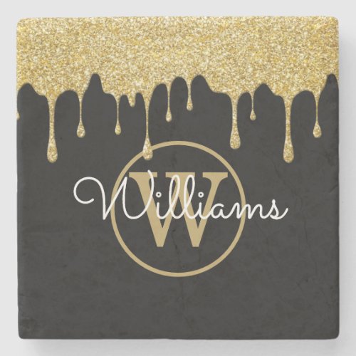 Gold Glitter Drips Monogram Script Name Black Stone Coaster