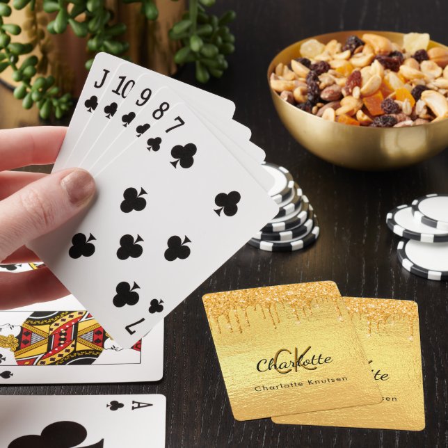 Gold glitter drips monogram sparkle elegant poker cards (In Situ)