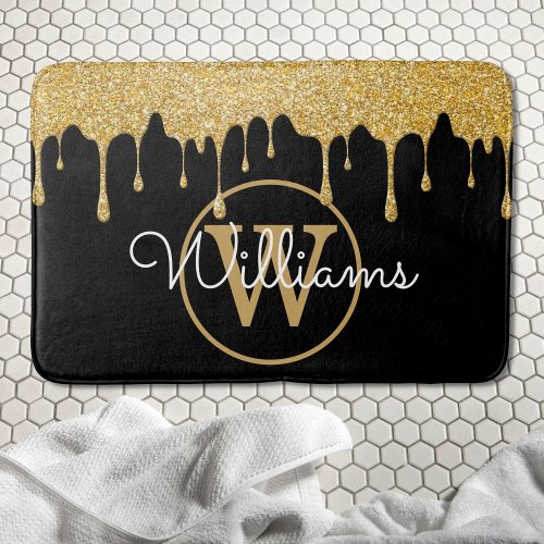 Gold Glitter Drips Monogram Stylish Script Black Bath Mat