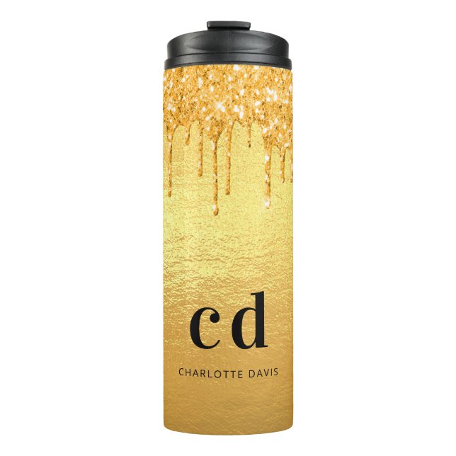 Gold glitter drips monogram thermal tumbler (Front)