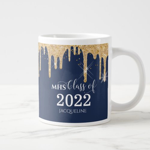 Gold Glitter Drips Navy High School Class of 2022 Giant Coffee Mug