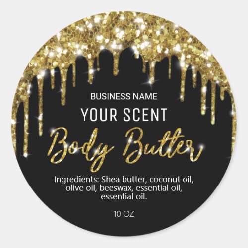 Gold Glitter Drips On Black Body Butter Labels