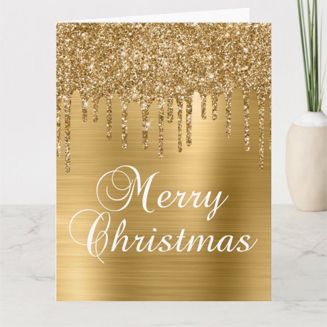 Gold Glitter Drips on Faux Foil Merry Christmas Card (Front)