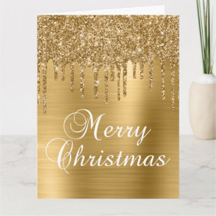 Gold Glitter Drips on Faux Foil Merry Christmas Card