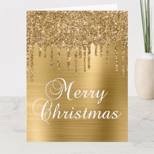 Gold Glitter Drips on Faux Foil Merry Christmas Card