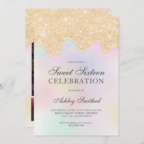 Gold glitter drips pearl photo sweet sixteen invitation