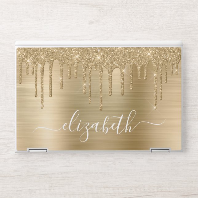 Gold Glitter Drips Personalized HP Laptop Skin (Front)
