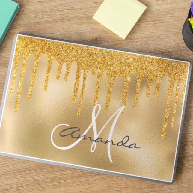 Gold Glitter Drips Personalized Monogram HP Laptop Skin (Creator Uploaded)