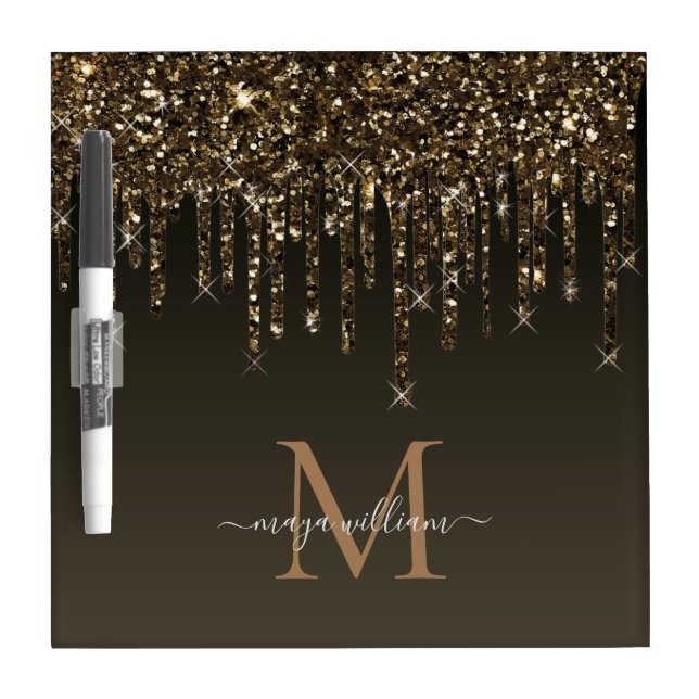  Gold Glitter Drips Personalized Monogram Teacher  Dry Erase Board (Front)