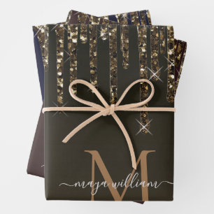 Gold Glitter Drips Personalized Monogram Teacher  Wrapping Paper Sheets