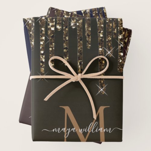  Gold Glitter Drips Personalized Monogram Teacher  Wrapping Paper Sheets