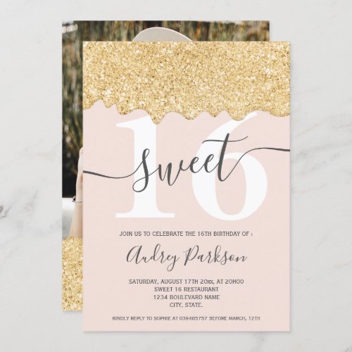 Gold glitter drips photo pastel pink chic Sweet 16 Invitation